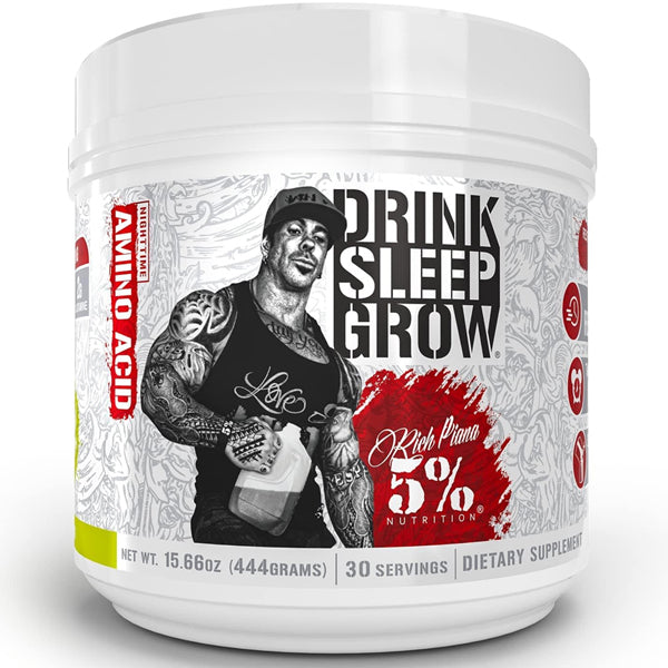 Close-up of a glass of Sleep Grow nighttime recovery drink with BCAAs and amino acids