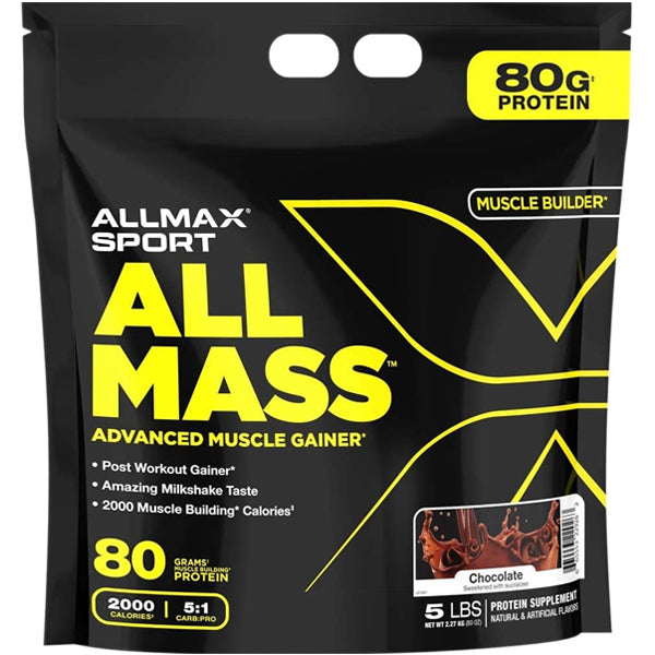 Front view of AllMax AllMass 5lb tub – high-protein muscle gainer for weight gain