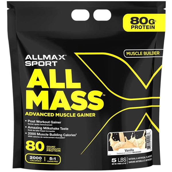Scoop of AllMax AllMass powder being mixed with milk – showing creamy texture and easy blend