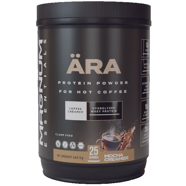 Front view of Magnum BlendSugar Protein Creamer tub with coffee mug, showcasing creamy texture
