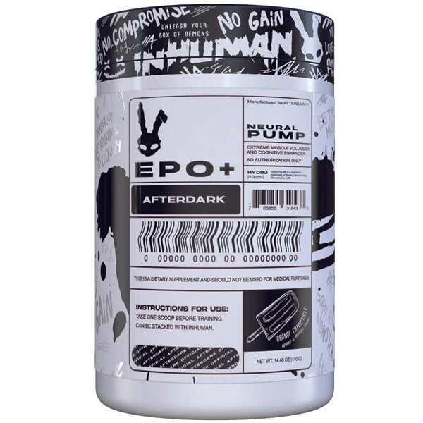 Close-up of AfterDark EPO+ supplement jar with energetic athlete in background