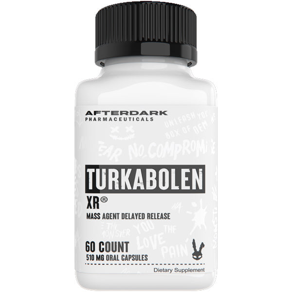 Front view of AfterDark AnaboXR turkesterone capsules bottle on gym bench