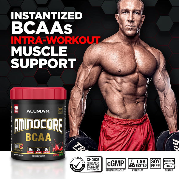 AllMax AminoCore BCAA powder in a clean scoop for muscle recovery