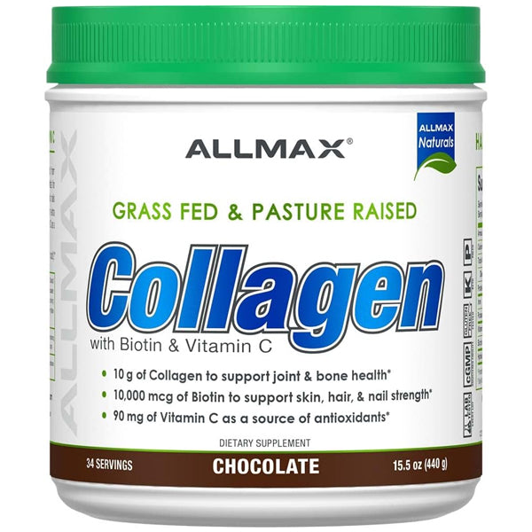 Close-up of AllMax Grass Fed Collagen powder showing its fine texture, perfect for mixing into smoothies.