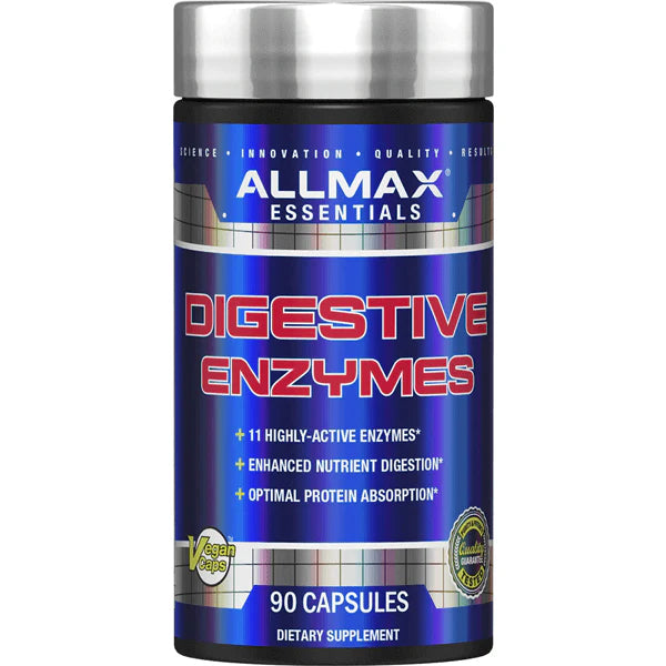 AllMax Optimal Digestive Enzyme Complex capsules on a kitchen counter, ideal for improving gut health.