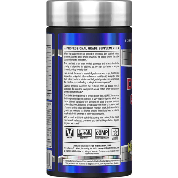A close-up of AllMax digestive enzyme capsules highlighting their potency for protein absorption.