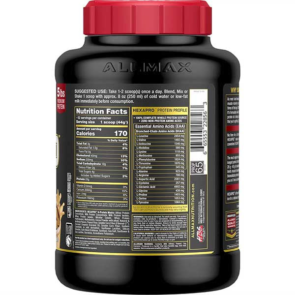 AllMax Hexapro high protein shake with six protein sources in a glass, ready to drink