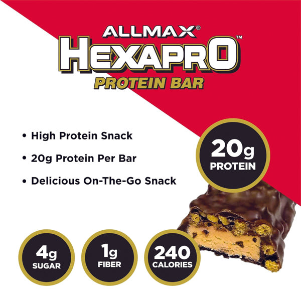 Assorted flavors of Hexapro High-Protein Energy Bars displayed for a healthy snack option.