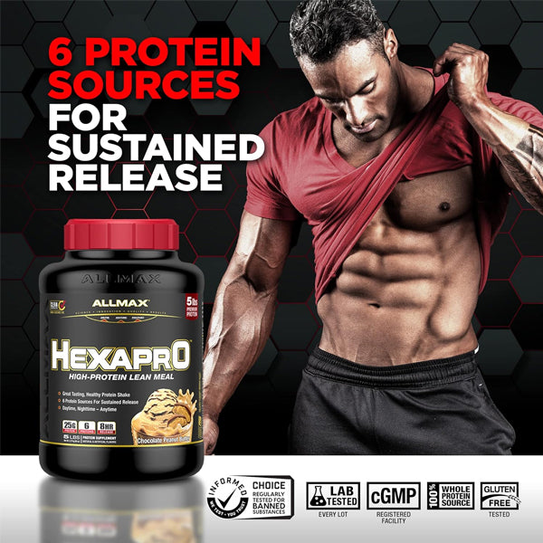 A scoop of Hexapro protein powder ready for blending into a satisfying high protein shake.