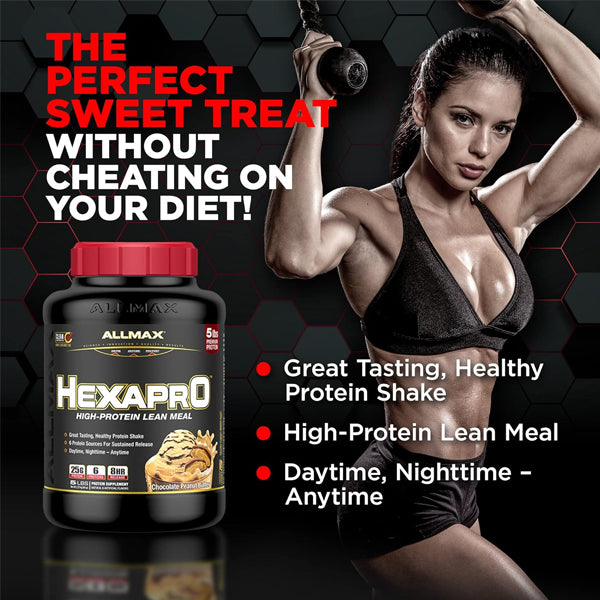 Hexapro Elite High Protein Lean Meal Shake in a glass with ice, showcasing its thick texture and delicious appeal.