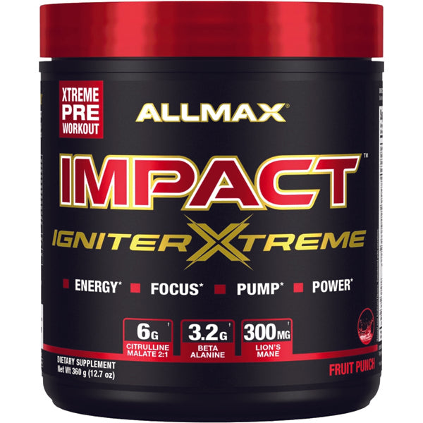 Close-up of Impact Igniter Xtreme supplement bottle showcasing ingredients