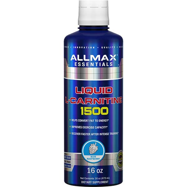 Bottle of AllMax Essentials L-Carnitine 1500 Liquid showing the supplement for weight loss and energy