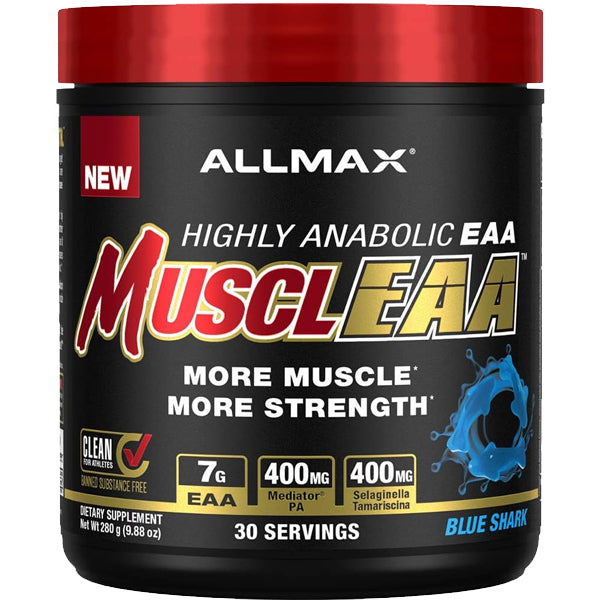 AllMax MusclEAA supplement beside workout gear, highlighting BCAA ratio