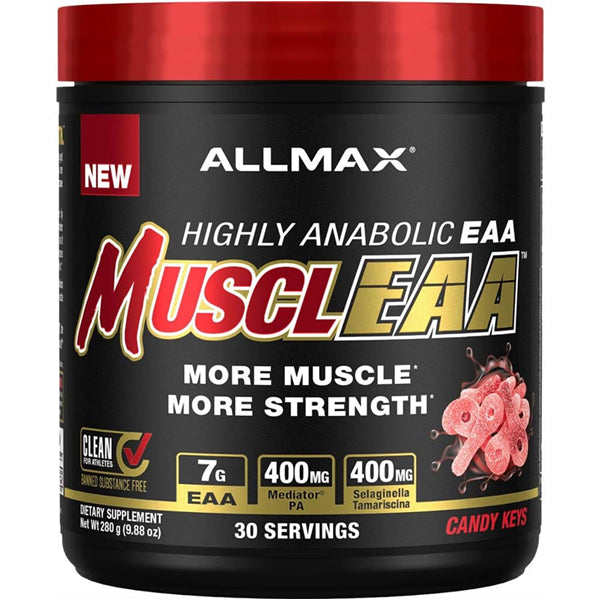 Front view of AllMax MusclEAA + BCAA jar featuring muscle amino acids label