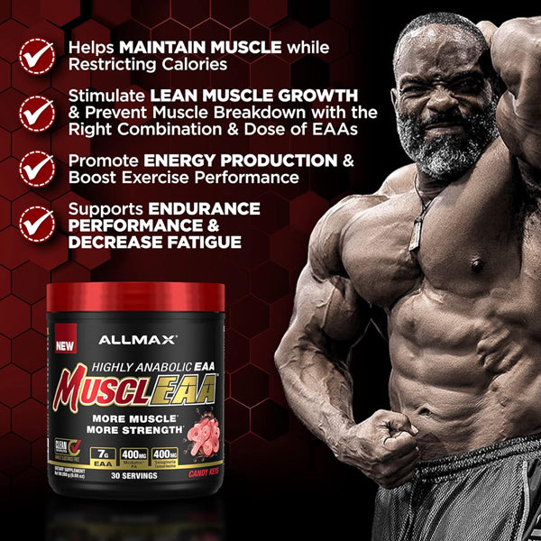 Front view of AllMax MusclEAA + BCAA jar featuring muscle amino acids label