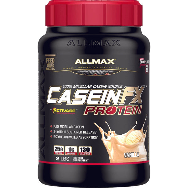 AllMax Micellar Casein-FX Protein powder in a scoop, showcasing its creamy texture and rich flavor.