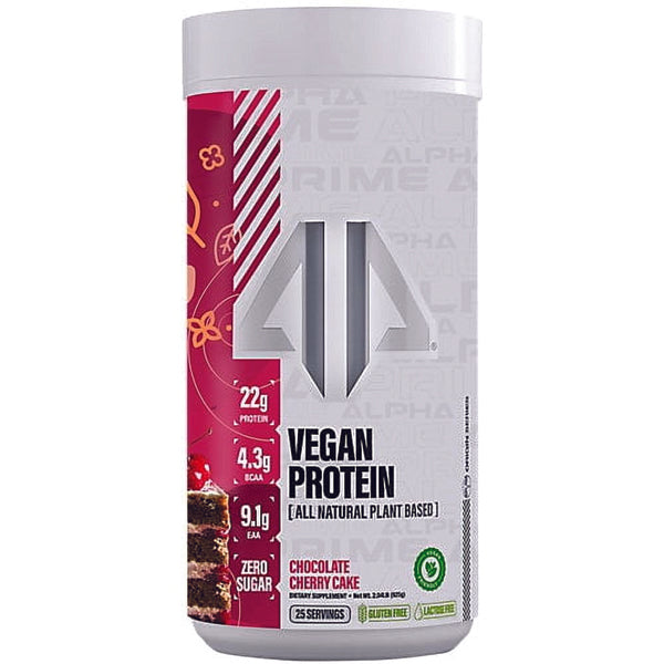 Close-up of Alpha Prime vegan protein powder in a scoop, ideal for smoothies and muscle building