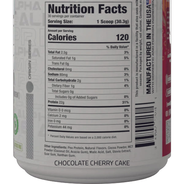 Container of Alpha Prime natural vegan protein supplement on a gym bench