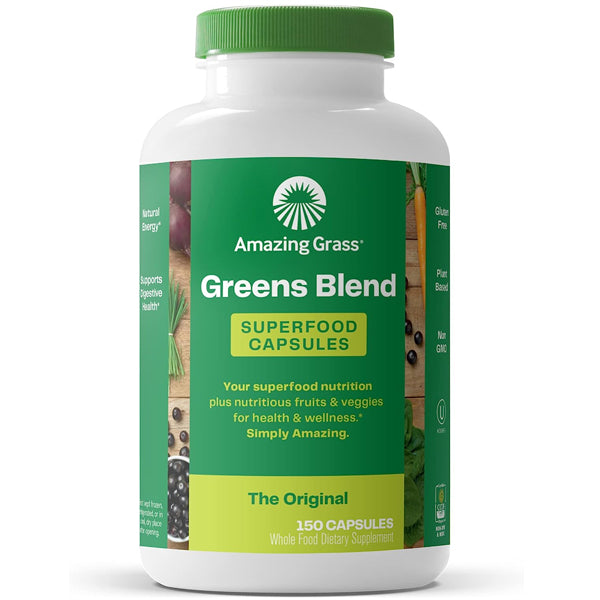 Front view of Greens Powerhouse Superfood Capsules showcasing vibrant packaging.
