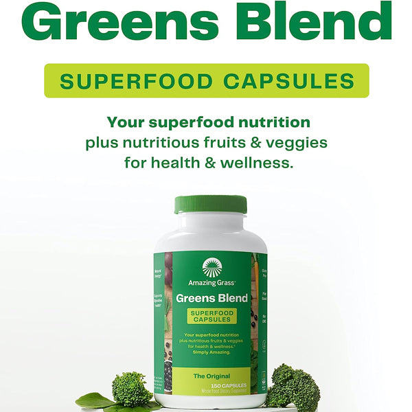 Close-up view of Greens Powerhouse Superfood Capsules highlighting the natural ingredients.
