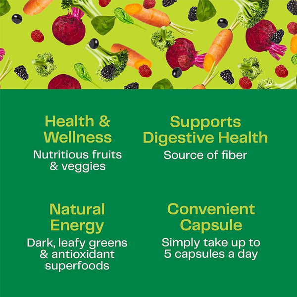 Lifestyle shot of Greens Powerhouse Superfood Capsules with fresh greens and fruits.