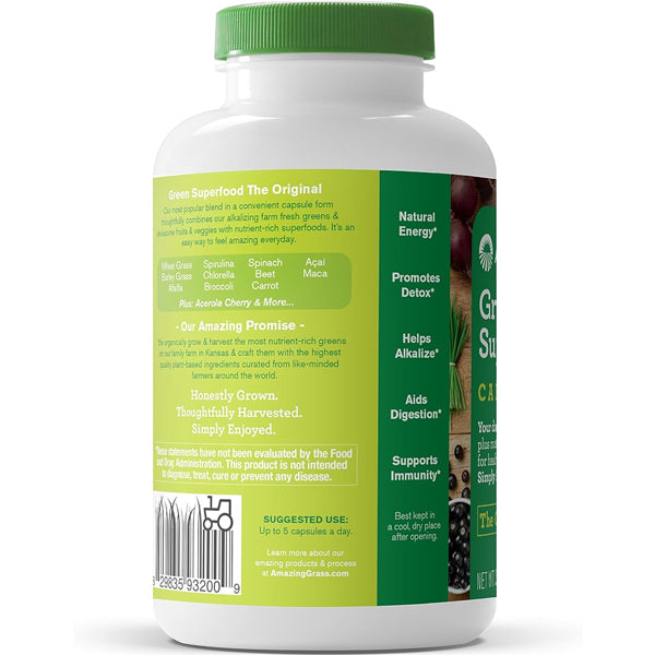 Front view of Greens Powerhouse Superfood Capsules showcasing vibrant packaging.