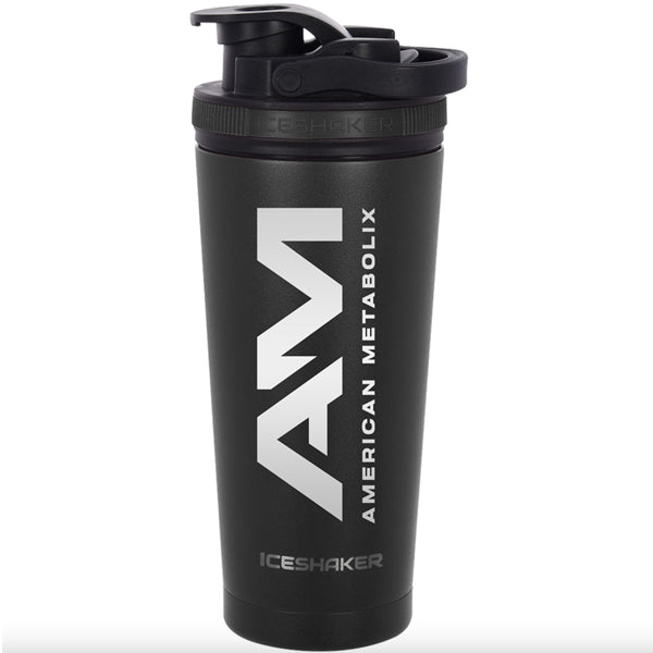 Gronk's 26oz stainless steel shaker bottle in a gym setting, capturing its sleek and durable design.