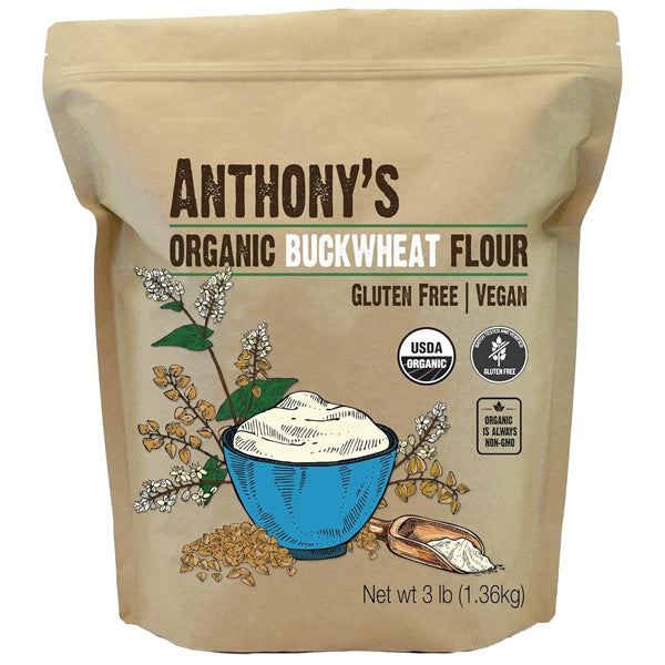 Organic buckwheat flour in a glass jar, ideal for gluten-free baking