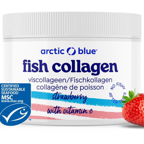 Arctic Blue Premium Fish Collagen Powder in a glass of water, showcasing its easy solubility.