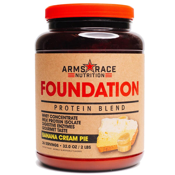 Arms Race Foundation Protein Blend in shaker bottle, highlighting its creamy texture and flavor options for muscle recovery
