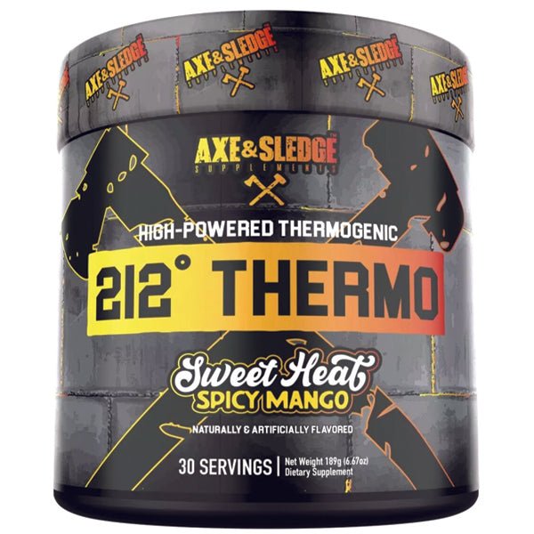 Axe & Sledge Thermo Boost Powder in a shaker, showcasing its vibrant color and texture, ideal for pre-workout energy.