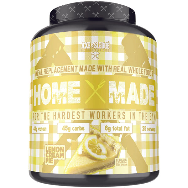 Axe & Sledge Premium Fuel Meal Replacement Powder container with a scoop, highlighting its low sugar content and wholesome ingredients.