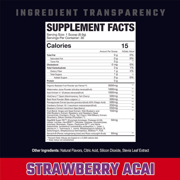 Vibrant Energy Superfood Powder packaging displayed with fresh fruits, emphasizing natural ingredients.