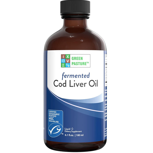 Pure Vitality Fermented Cod Liver Oil 6.1oz bottle with a rich dark color, highlighting its natural nutrients.