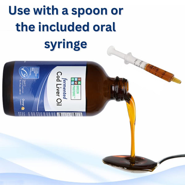 Pure Vitality Fermented Cod Liver Oil 6.1oz bottle with a rich dark color, highlighting its natural nutrients.