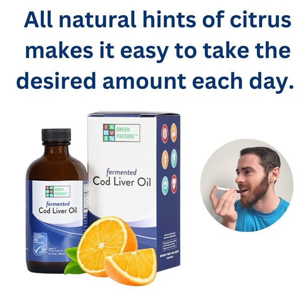Lifestyle shot of Pure Vitality Fermented Cod Liver Oil on a kitchen counter, representing healthy living.