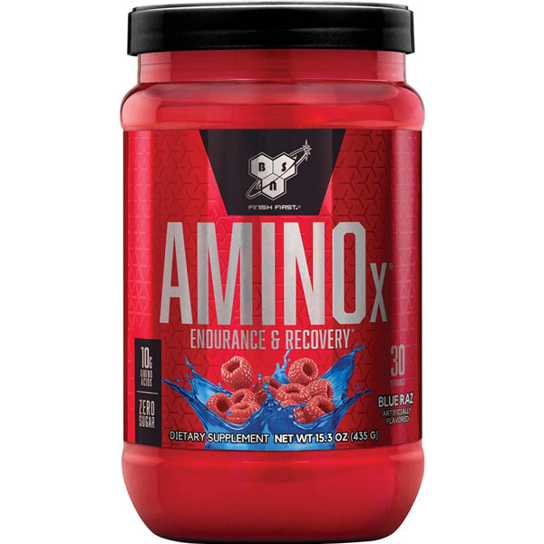 Front view of BSN AminoX Recovery Max packaging showing 30 servings of caffeine free BCAA powder for workouts