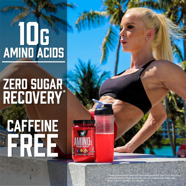Front view of BSN AminoX Recovery Max packaging showing 30 servings of caffeine free BCAA powder for workouts