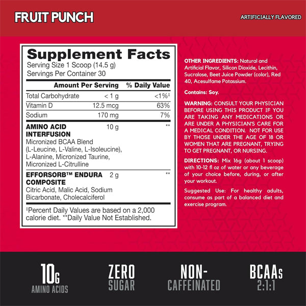 Front view of BSN AminoX Recovery Max packaging showing 30 servings of caffeine free BCAA powder for workouts
