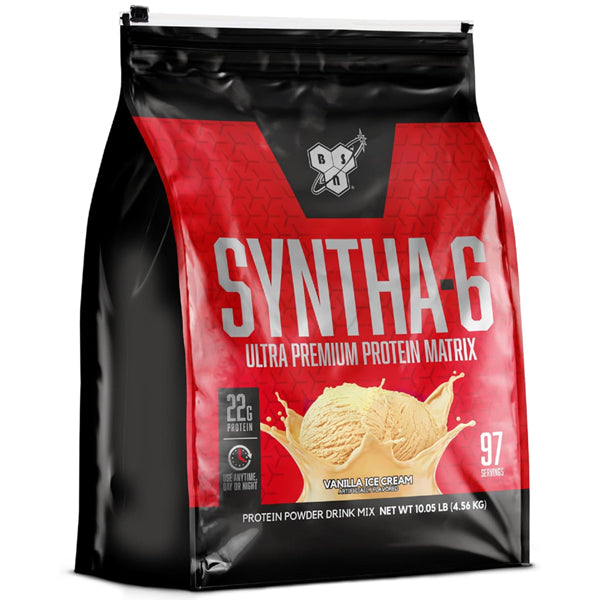 SYNTHA-6 protein powder scooped out, showcasing its premium texture and blendability.