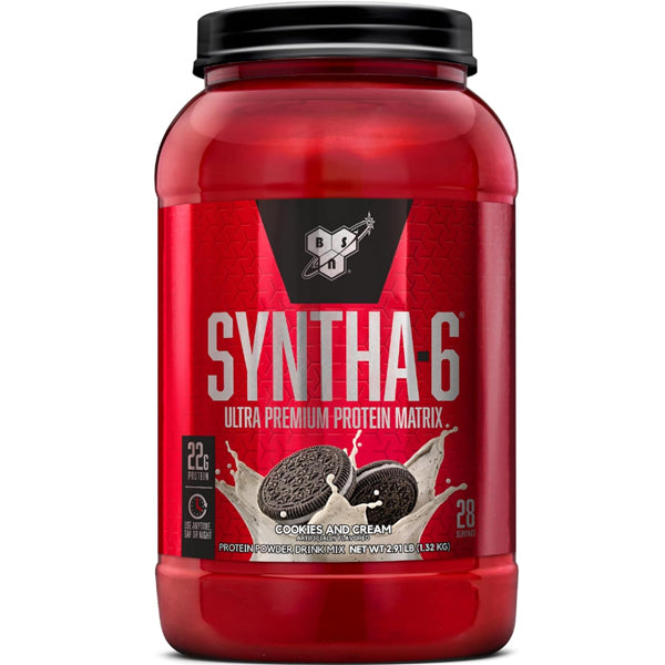 Close-up of BSN Syntha-6 protein powder scoop showcasing the creamy texture