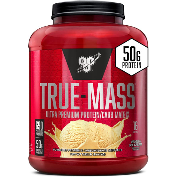 BSN True-Mass mass gainer shake in a glass showing creamy texture and flavor