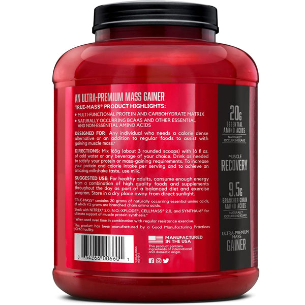 Close-up of BSN True-Mass packaging emphasizing high-quality ingredients