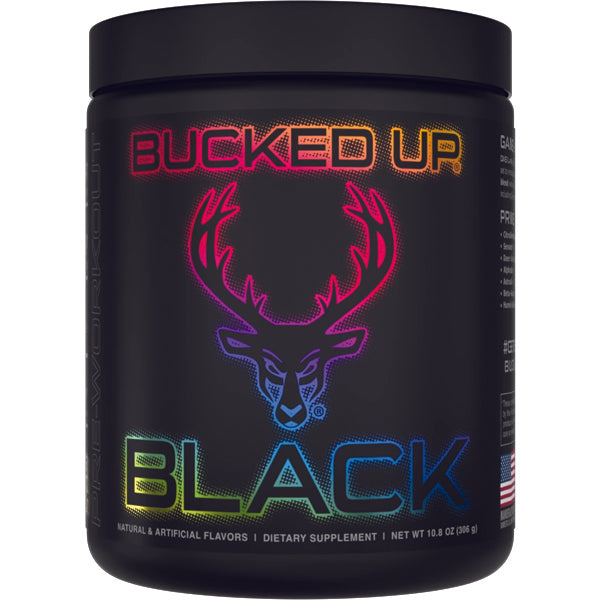 Bucked Up BLACK pre-workout powder in a black container, showcasing its unique color and texture. Bucked Up BLACK pre-workout powder in a black container, showcasing its unique color and texture.