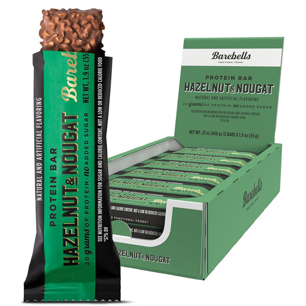 Close-up of Barebells plant-based protein bar highlighting its texture and ingredients.