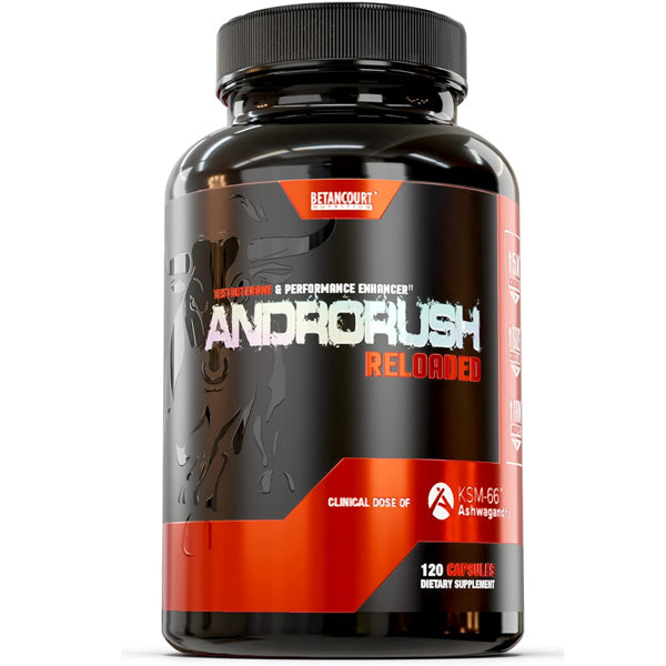 Androrush testosterone booster capsules on a gym bench, supporting muscle gain.
