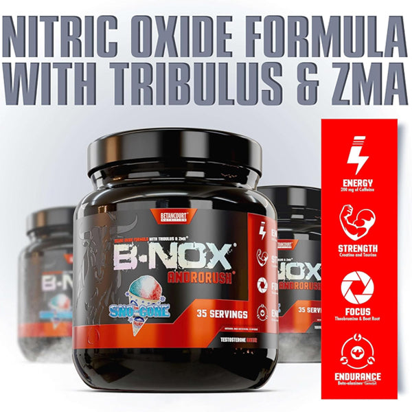 Close-up of Betancourt B-Nox Androrush powder showing its ingredients for muscle growth