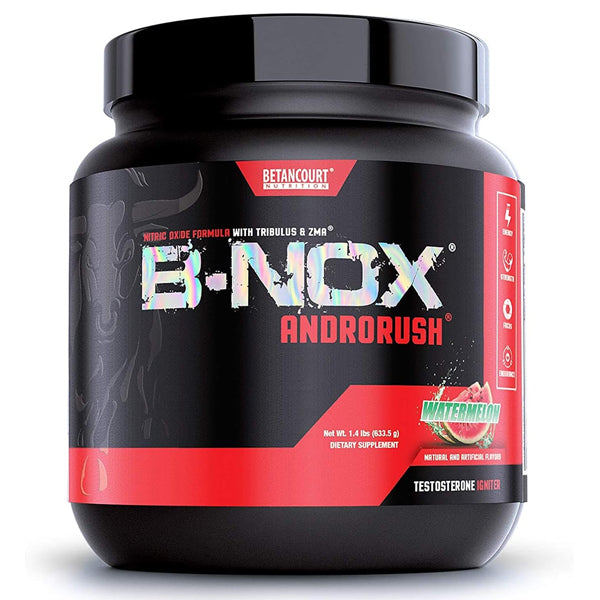 Close-up of Betancourt B-Nox Androrush powder showing its ingredients for muscle growth