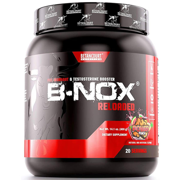 B-Nox Reloaded natural pre-workout powder for energy and focus, gym setting