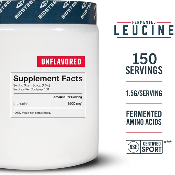 Close-up of gluten free leucine supplement in a jar